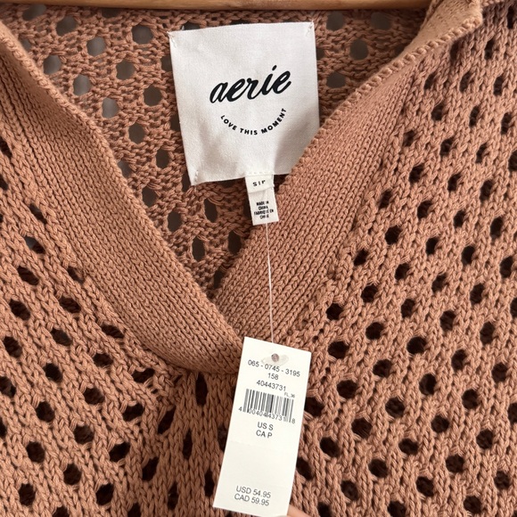 NWT Aerie Oversized Open Knit Polo Sweater in Tan Women’s Size Small 100% Cotton - Picture 4 of 5